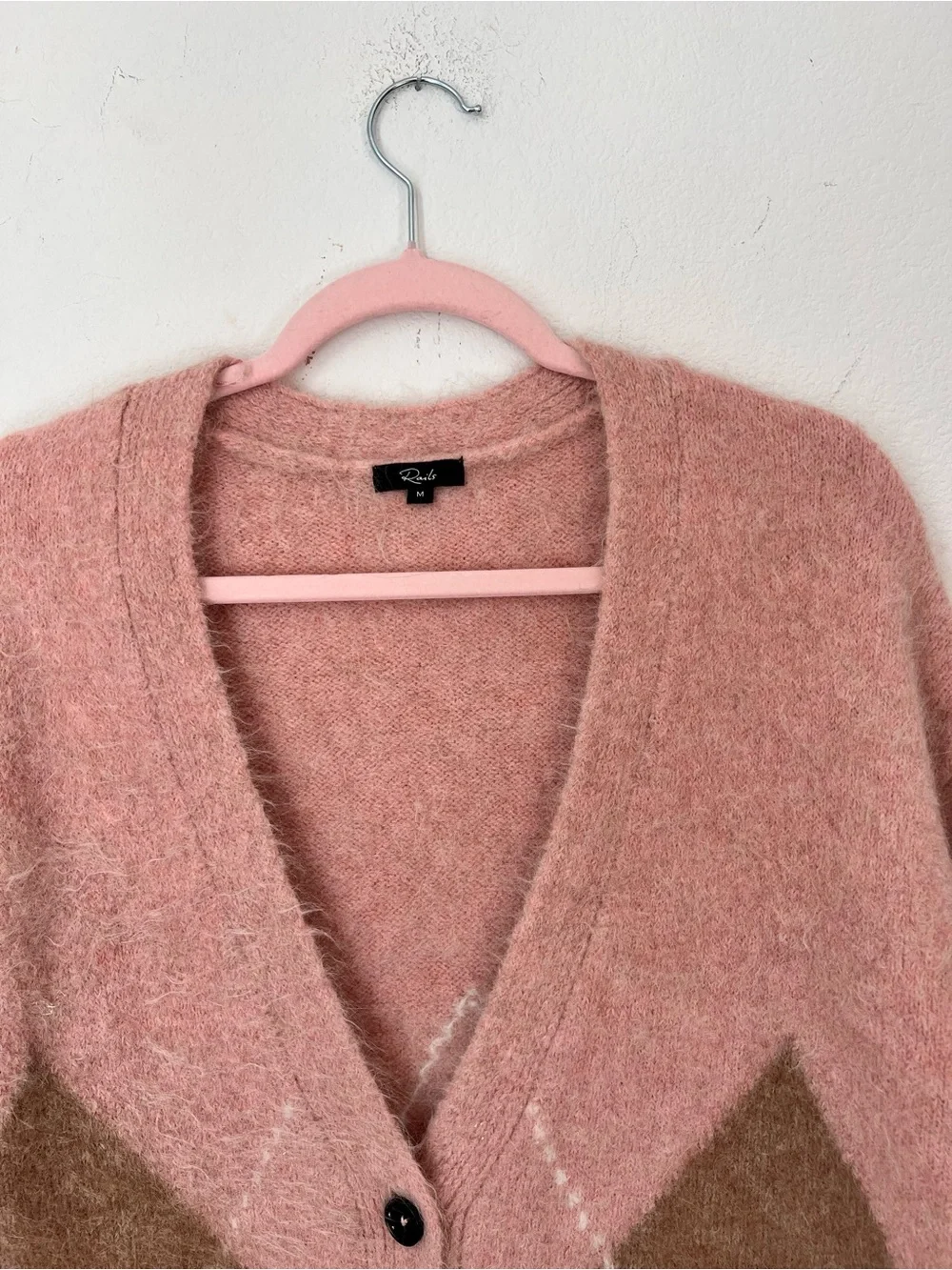 Rails Runi Cardigan Women’s Medium Pink Pastel Argyle Alpaca Blend‎ Button Front